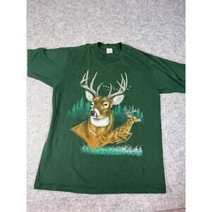 VINTAGE 90s Cotton Grove Shirt Mens Large Green Deer Buck Wildlife Graphic USA